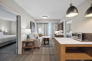 Desk, laptop workspace, blackout drapes, soundproofing