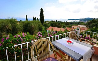 Una terraza con mesa y sillas, con vistas a un paisaje pintoresco con árboles y el mar.