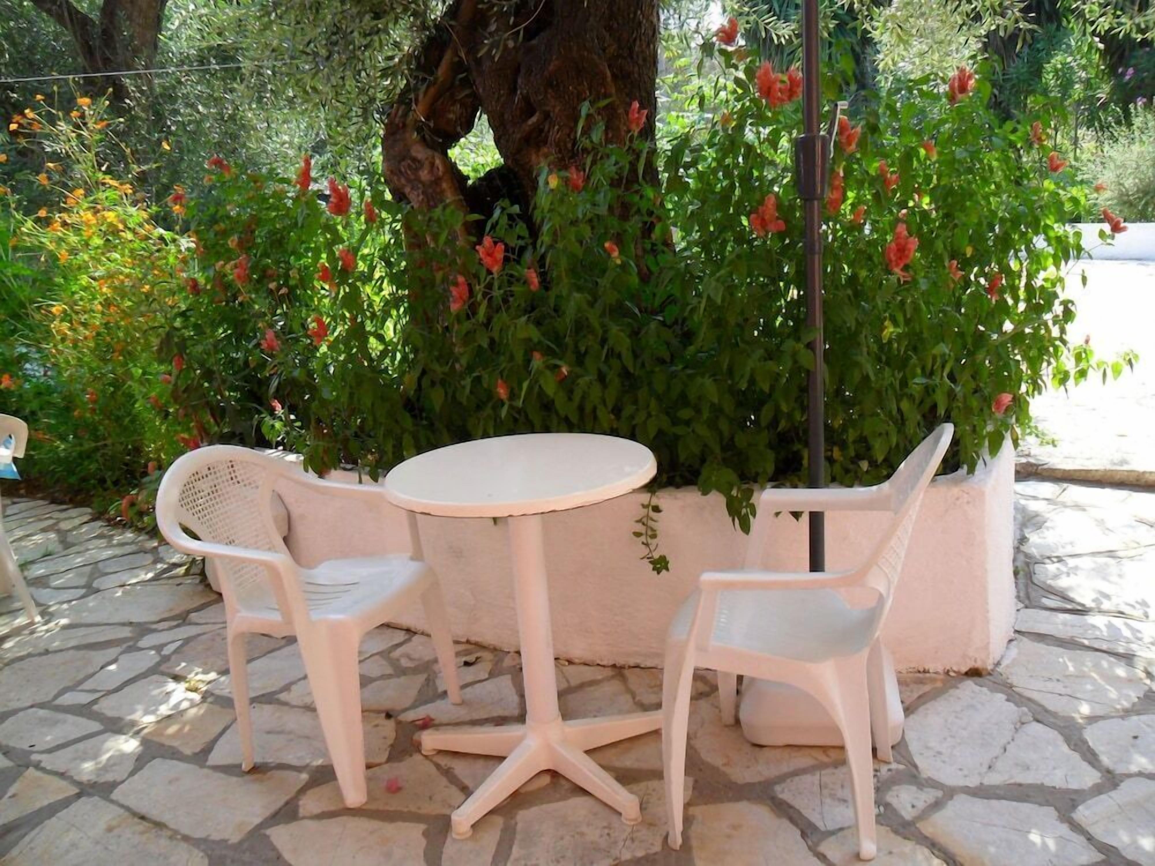 A patio with two white plastic chairs and a small round table, surrounded by lush green foliage and red flowers.