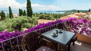 Un balcon avec une table et des chaises, donnant sur un paysage pittoresque avec des arbres et une étendue d’eau.