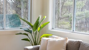 A modern living room with a grey sofa, two white cushions, a large green plant, and a view of trees through the windows. - Chic Catskills Cabin w/ Fireplace, Firepit, 30min to Ski Big Bear Resort. (Cochecton)