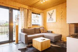 Televisión, chimenea, reproductor de DVD