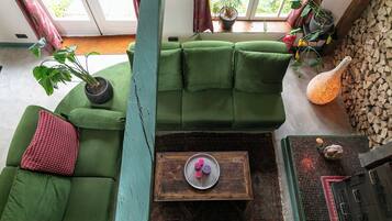 A green sofa, a wooden coffee table, a potted plant, and a decorative vase.