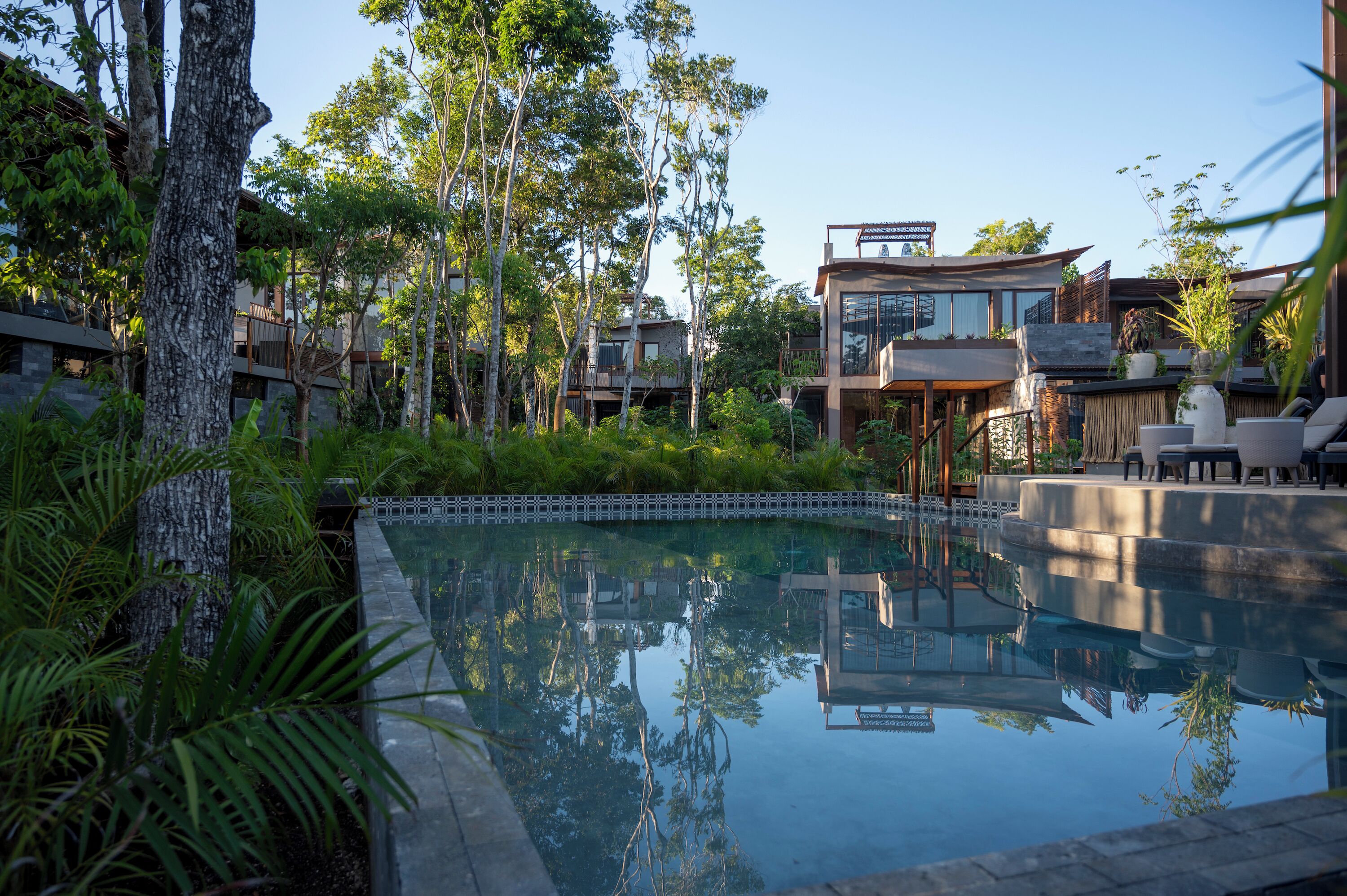 Un resort moderno con una piscina central rodeada de exuberante vegetación y árboles.