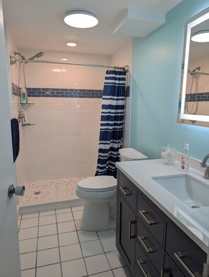 A bathroom with a shower, toilet, sink, and a mirror. - Walk out to Sugar beach (Christiansted)