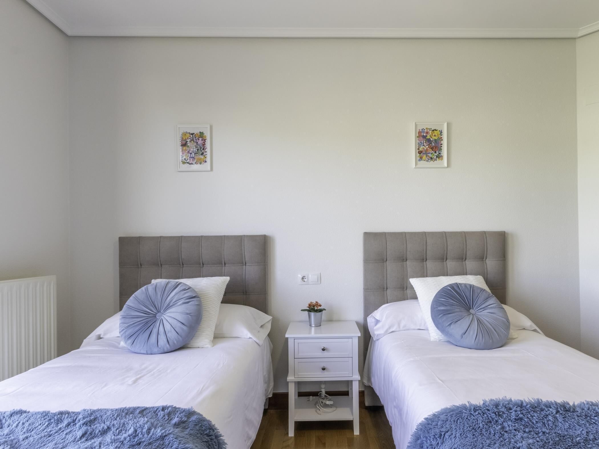 A double room with two beds, each with a grey headboard, white bedding, and a blue fluffy rug. There is a small bedside table with a lamp and a potted plant between the beds.
