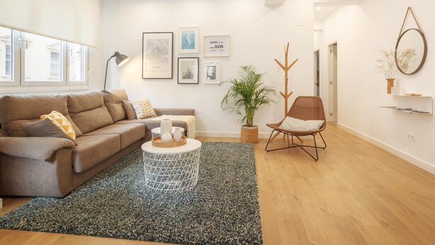 Uma sala de estar moderna com um sofá, uma mesa de centro, uma poltrona e uma planta em vaso.