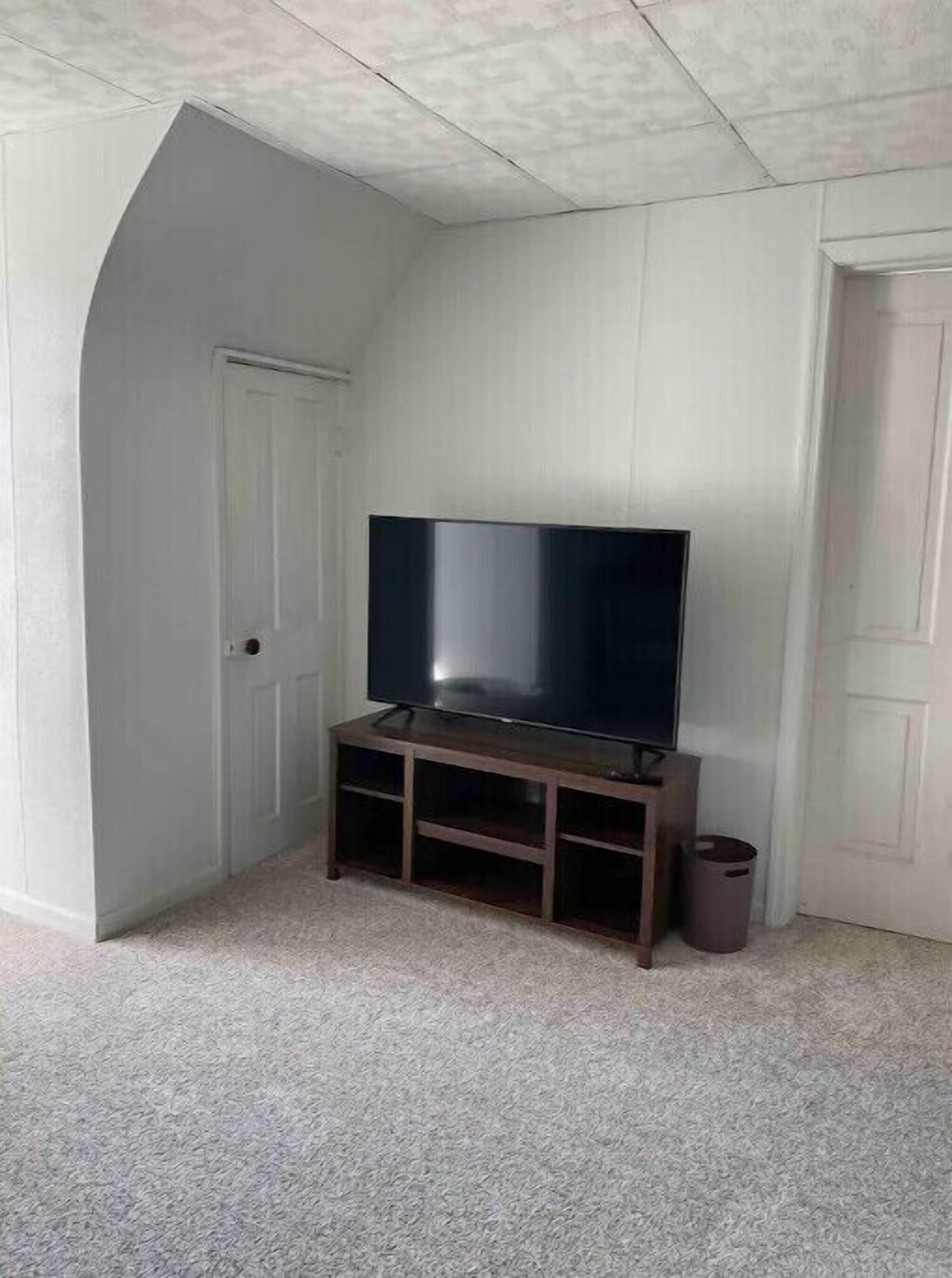 Een kamer met een televisie op een houten standaard, een deur en een prullenbak.
