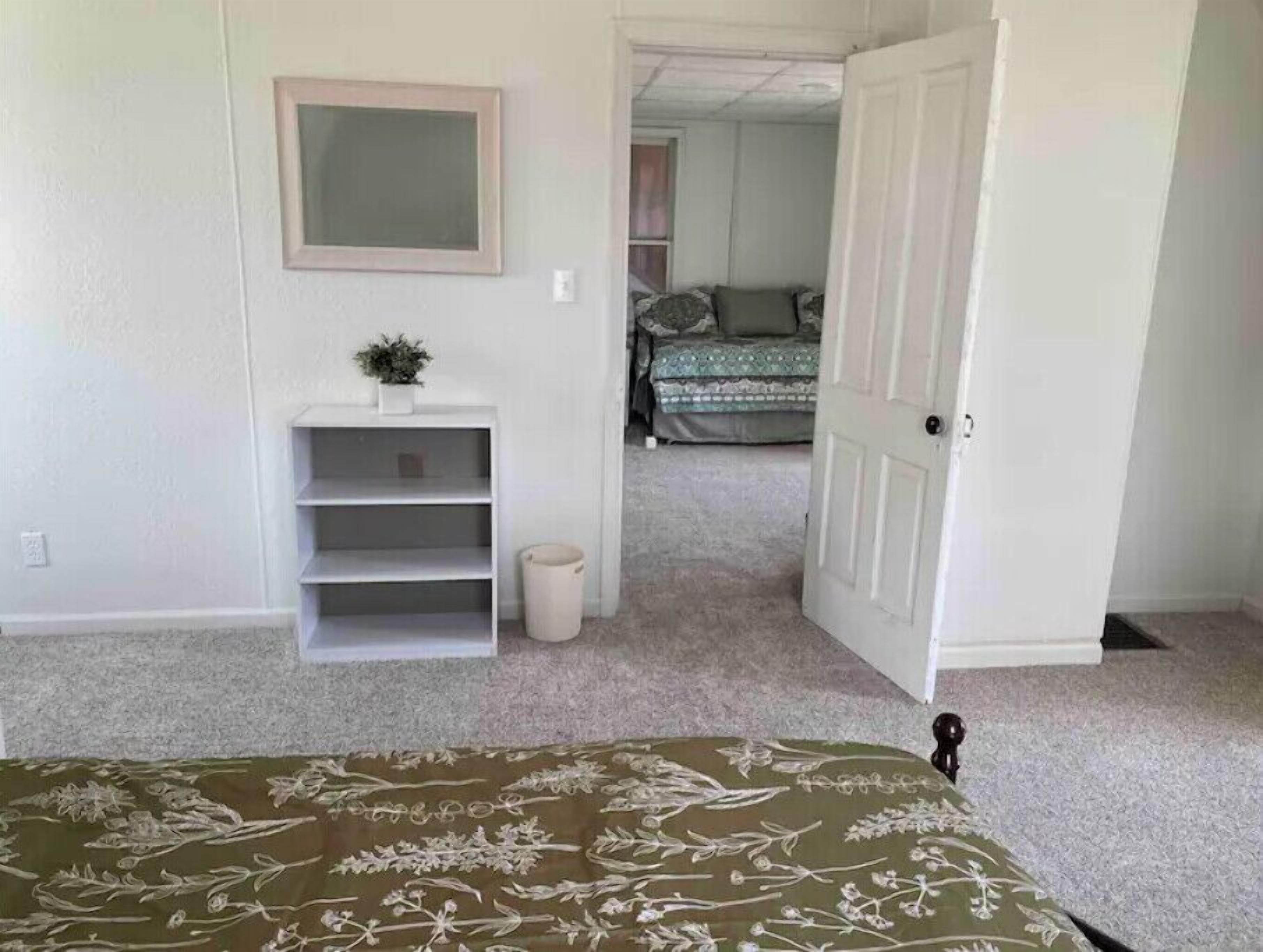 Un dormitorio con cama, un estante pequeño con una planta, una puerta que da a otra habitación y suelo alfombrado.