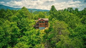 A cabin surrounded by dense forest with a clear view of the mountains in the background. - 🌟Private🌟Views🌟x2KingSuites🌟HotTub🌟FirePit🌟NationalPark🌟SunSet🌟 (Sevierville)
