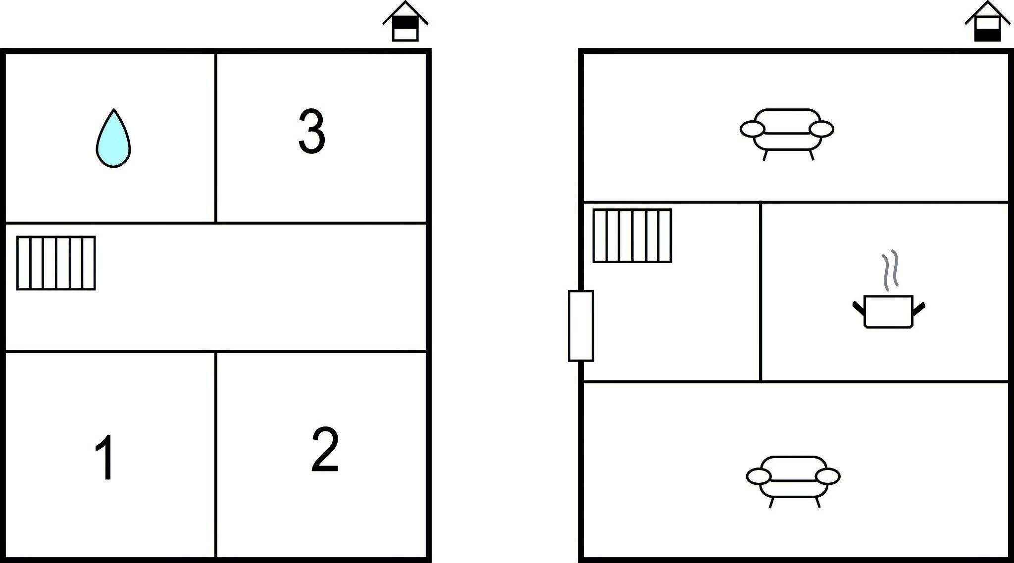 Dos plànols d'aules amb habitacions numerades, una icona de goteta d'aigua, un sofà, una cafetera i un llit.