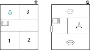Two floor plans with numbered rooms, a water droplet icon, a sofa, a coffee pot, and a bed.