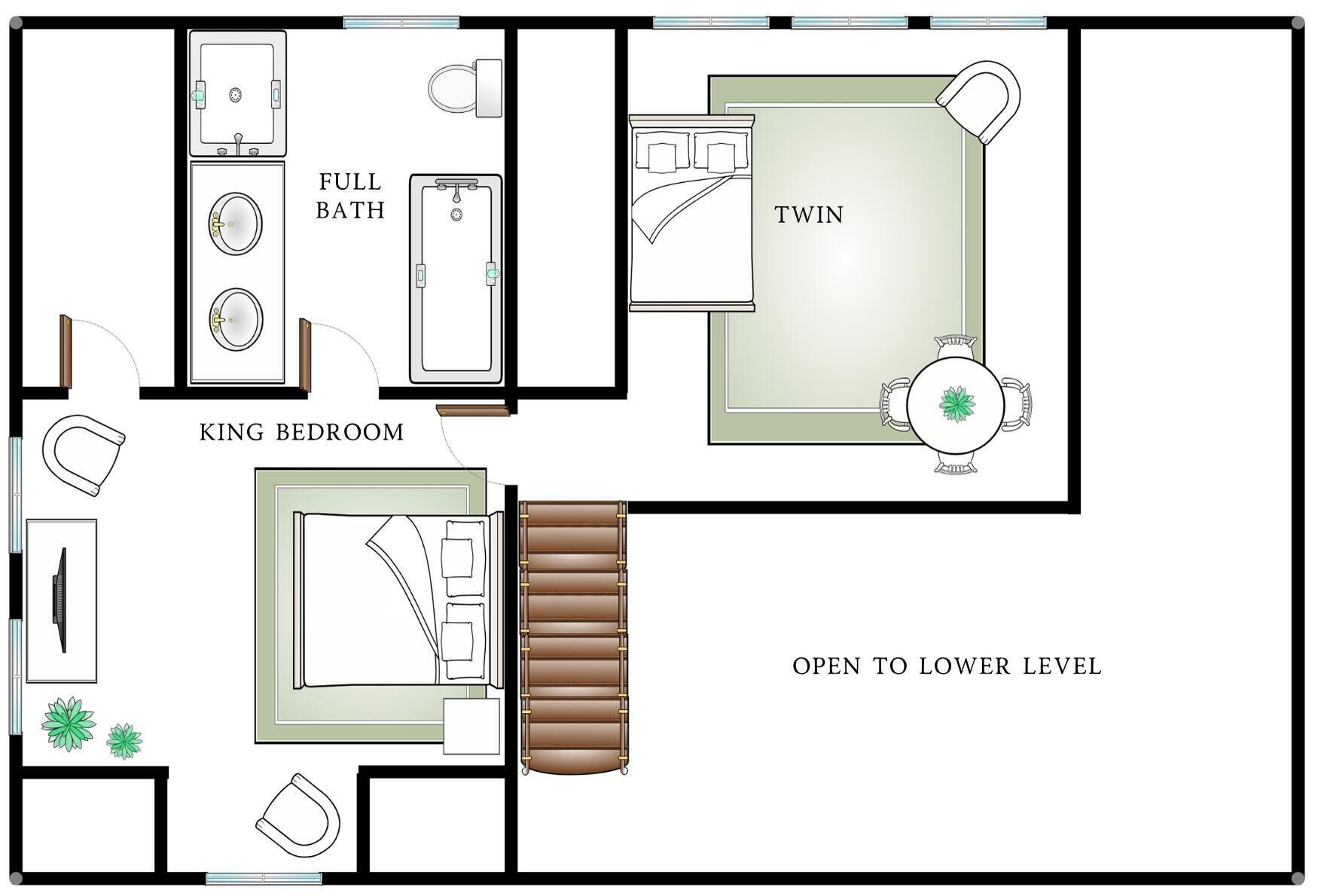 A floor plan of a hotel room with a full bath, twin bed, king bed, and an open area to a lower level.