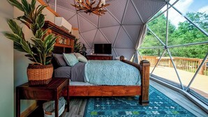 A cozy bedroom with a wooden bed, a TV, a potted plant, and a view of the outdoors through large windows. - Luxury on the Edge of Traverse City (Williamsburg)