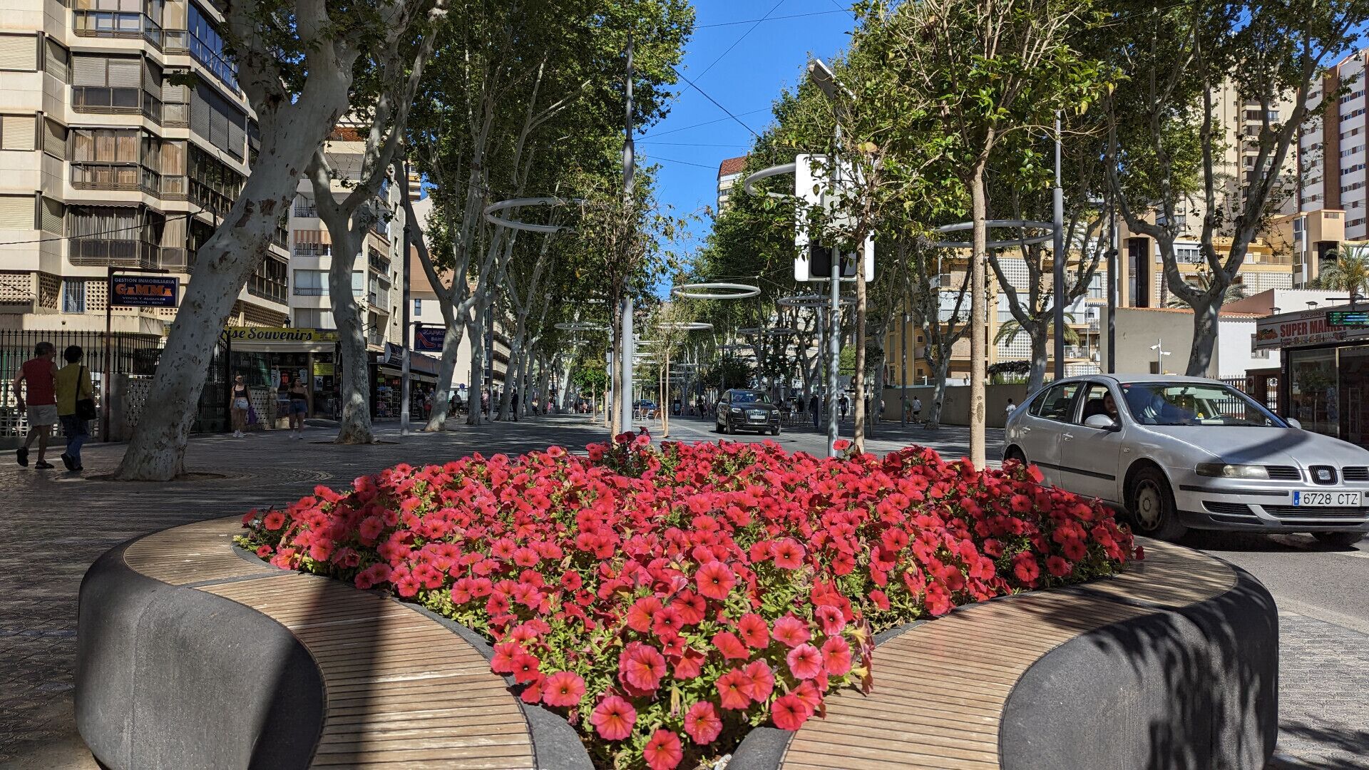 Una calle con un jardín de flores en el centro, rodeado de árboles y edificios.