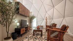 Een moderne woonkamer met een geometrisch patroon in het plafond, een houten kast, een televisie, een kamerplant en een zithoek met een geruit tapijt.