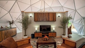 Een ruime woonkamer met een grote televisie, houten meubels en potplanten.