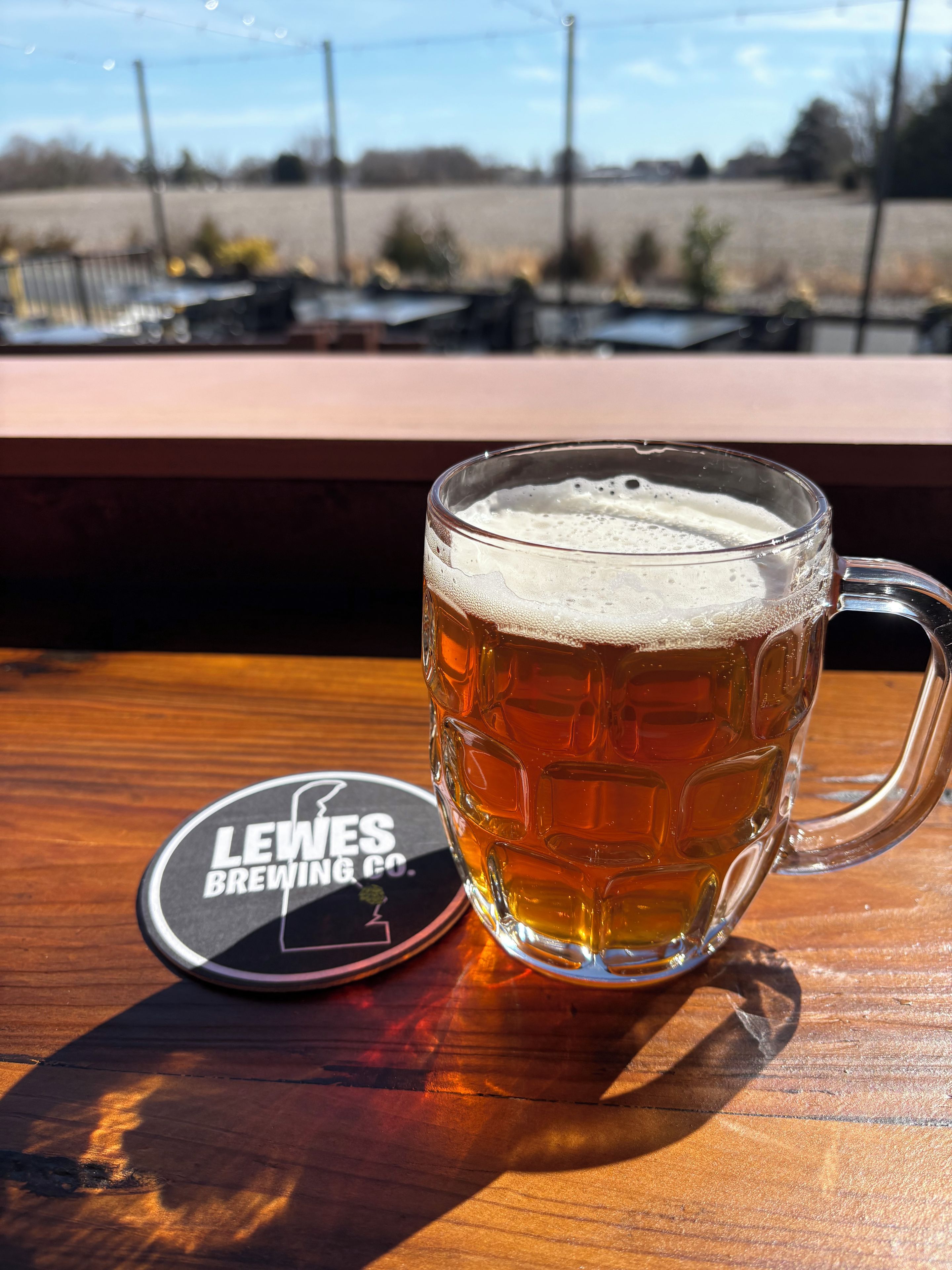 Ein Bierglas mit einem Untersetzer mit der Aufschrift 'LEWES BREWING CO.' auf einer Holztischplatte.