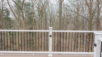 A wooden deck with a white railing, surrounded by leafless trees.