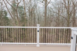 Una terraza de madera con baranda blanca, rodeada de árboles sin hojas.
