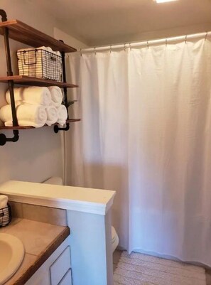 Hair dryer, towels, soap