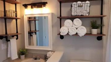 Hair dryer, towels, soap