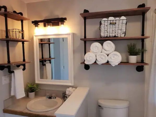 Hair dryer, towels, soap