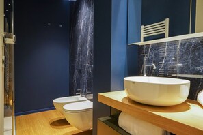 Shower, hair dryer, bidet, towels