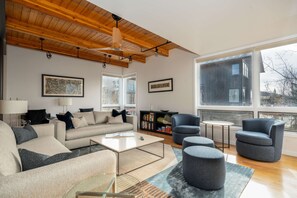 Télévision, cheminée, chaîne hi-fi