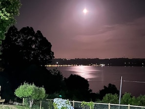 A nighttime view of a body of water with a full moon, trees, and a distant shoreline with lights. - CIPRES Ecolodge & Spa (Frutillar)