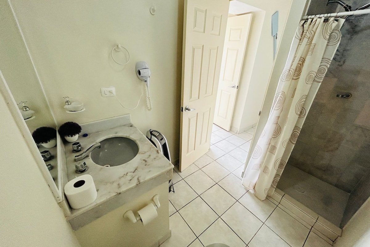 A bathroom with a marble sink, toilet paper, a hairdryer, and a shower curtain.