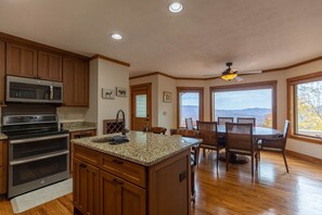 Fridge, microwave, oven, stovetop - Lookout Lodge - Pet Friendly, Views, Hot Tub, & Pool Table! Updated 1-Level Home Near Banner Elk! (Banner Elk)