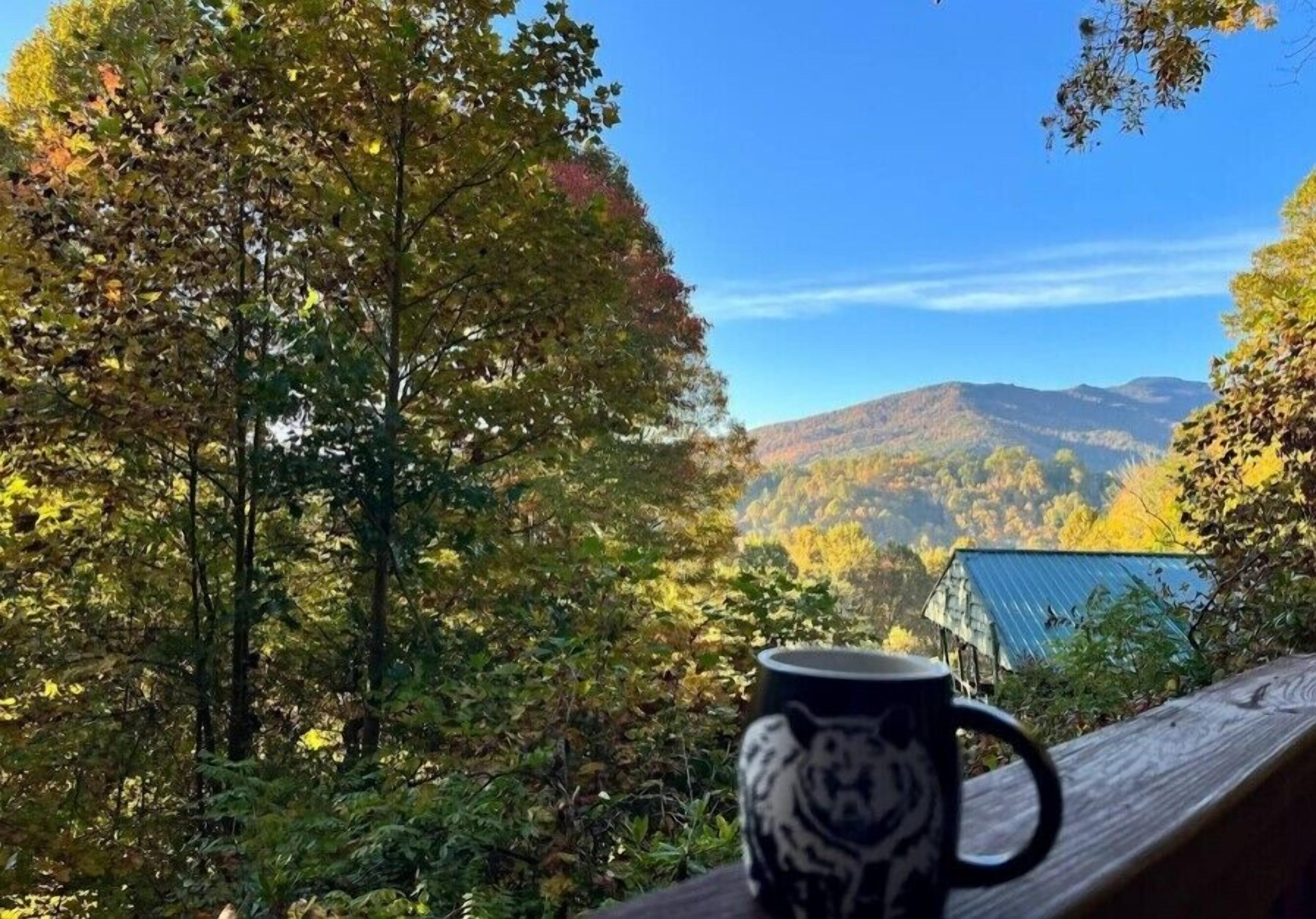 A mug on a wooden ledge with a view of a mountain and trees.