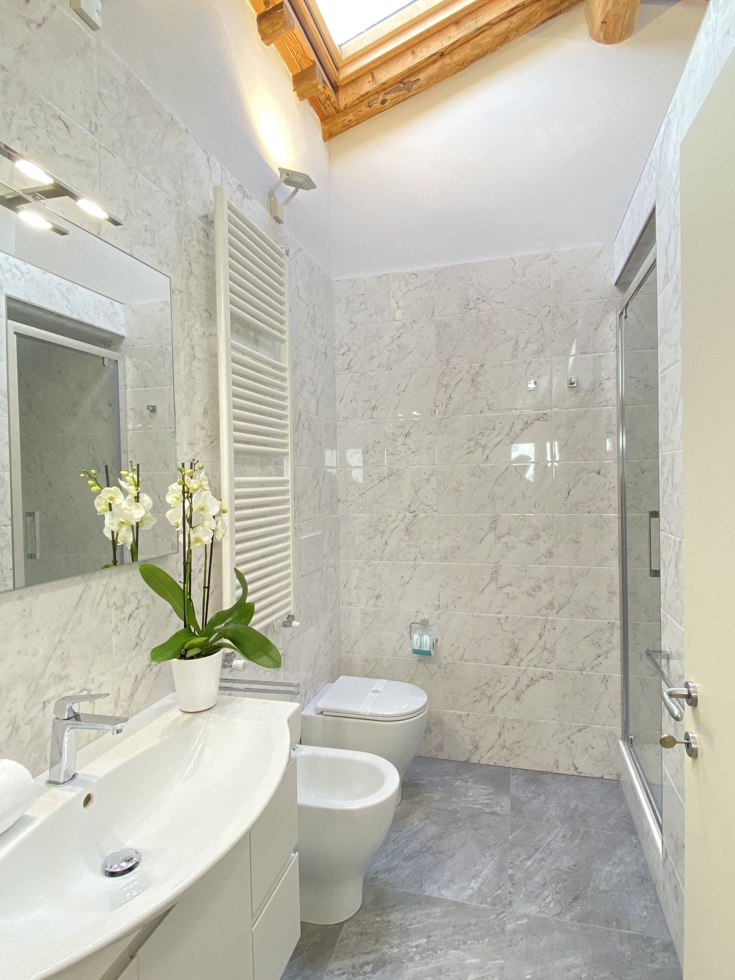 Een douche, een haardroger, een bidet, handdoeken