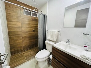 A modern bathroom with a wooden shower enclosure, a white toilet, and a vanity with a mirror.