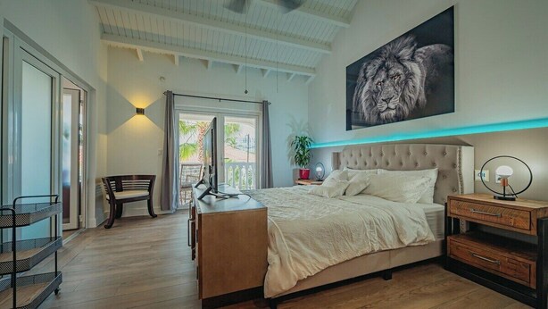 A spacious bedroom with a large bed, a desk, and a chair. There is a window with curtains, a plant, and a painting of a lion on the wall. - Villa de Leon, suitable for 14 persons. 5 bedrooms, 5 bathrooms (Noord)