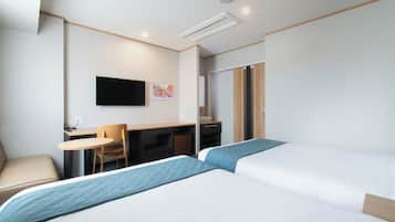 Down duvets, desk, laptop workspace, iron/ironing board