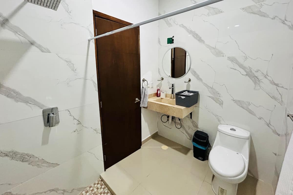 Regadera, secadora de cabello, toallas, jabón