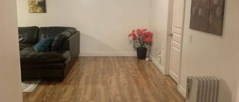 A hallway with wooden flooring, a black sofa with cushions, a wall-mounted decorative plate, a potted plant with red flowers, and a radiator.