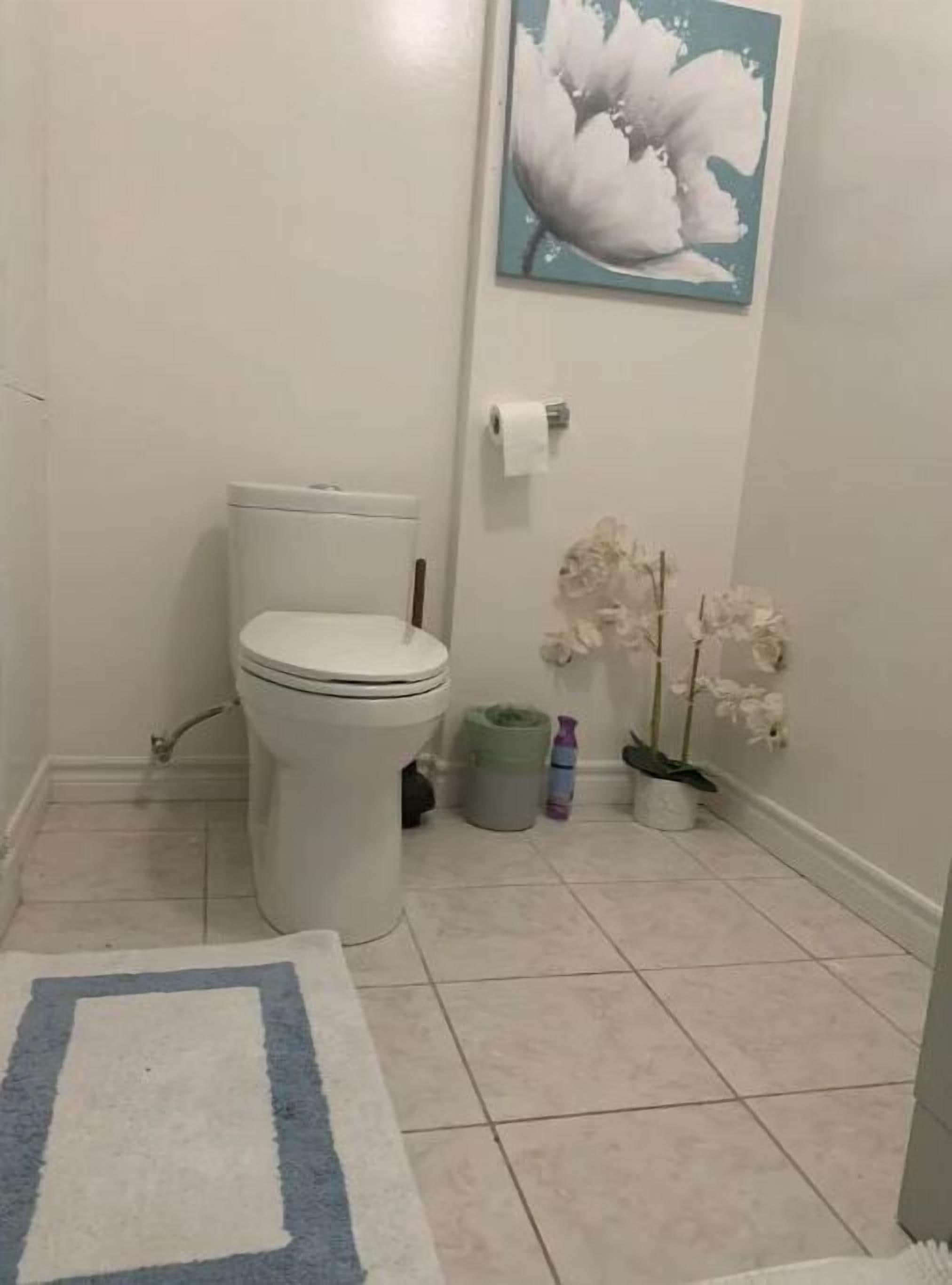 A bathroom with a toilet, a trash can, a trash bag, and a potted orchid plant.