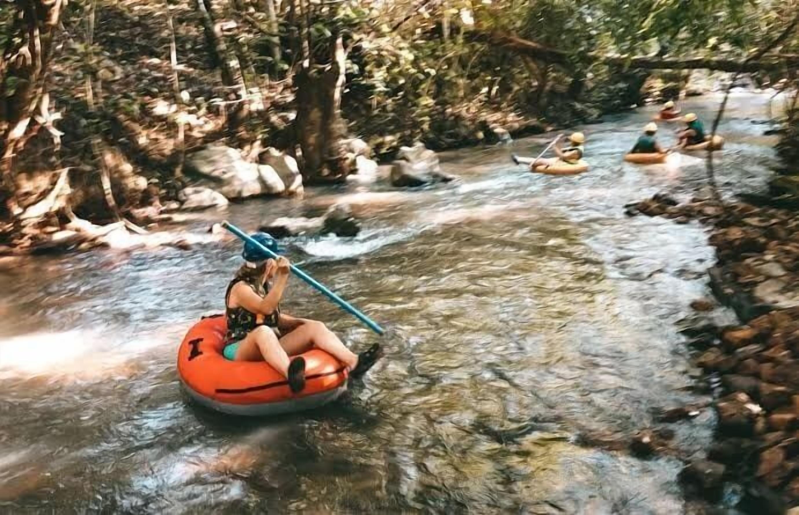 People in inflatable tubes on a river surrounded by trees.