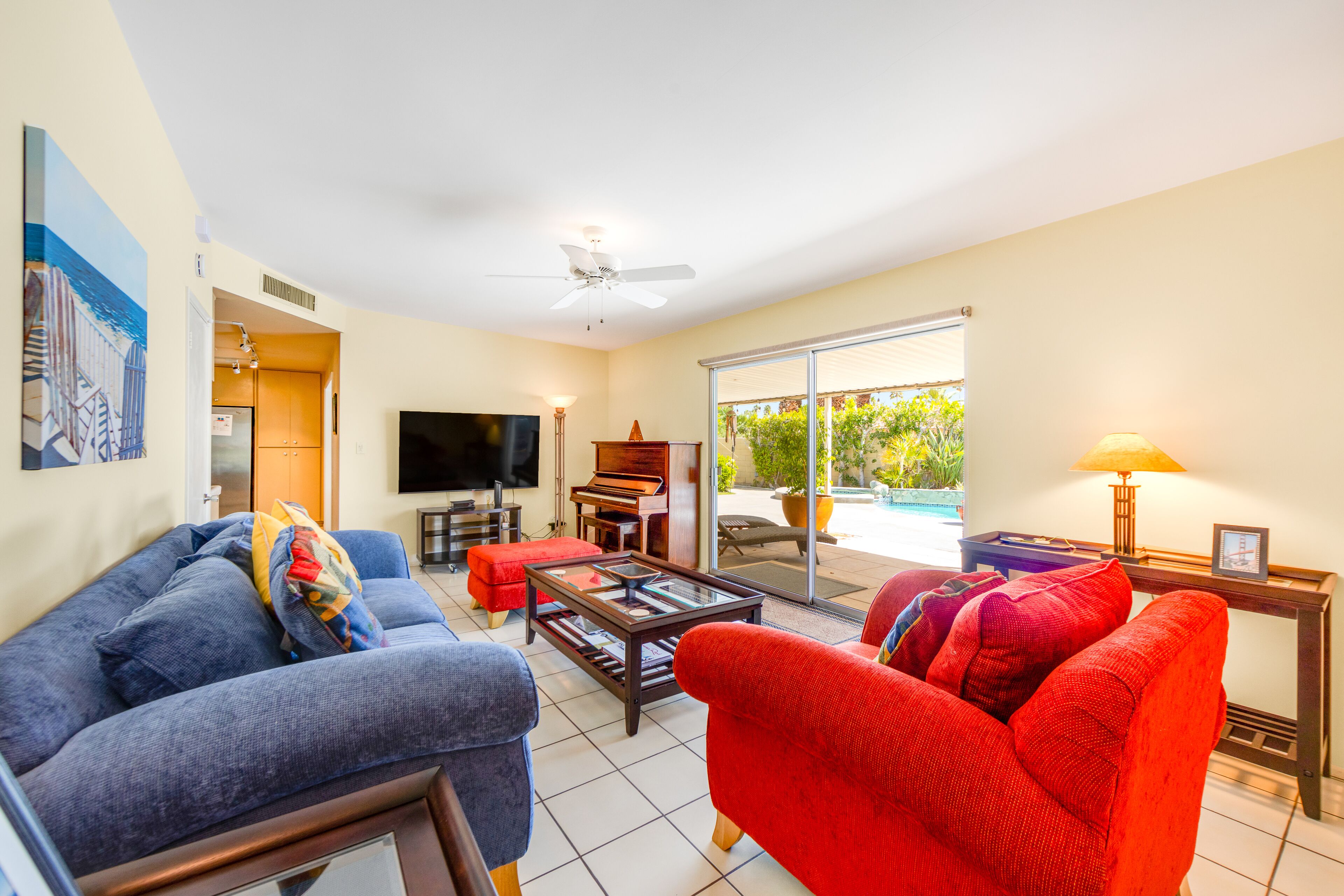 Mountain view home with a pool, pool spa, grill, firepit, washer/dryer, and AC