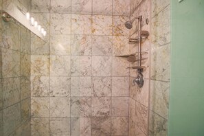 Shower, hair dryer, soap, shampoo