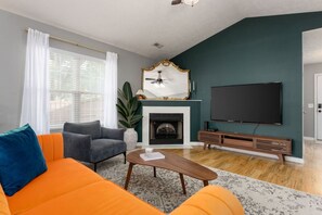 TV, fireplace, video games, ping pong