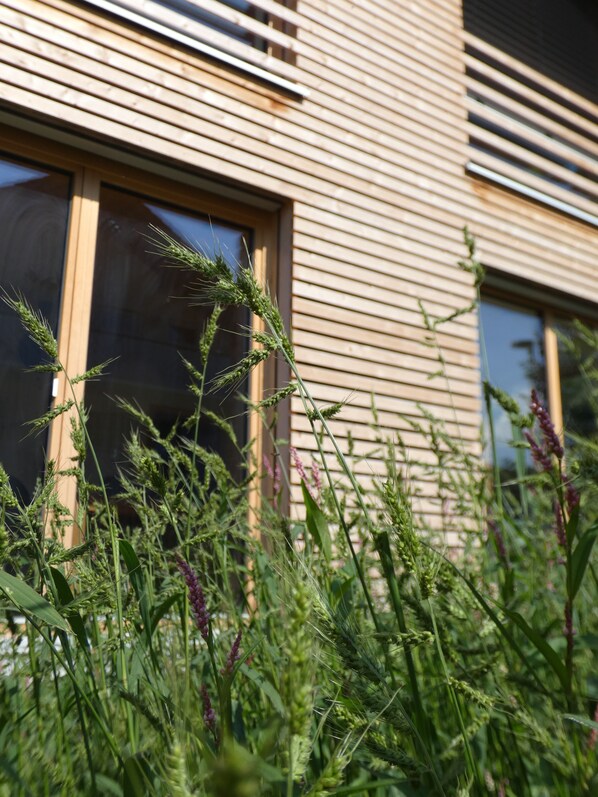 A modern building with horizontal wooden slats and large windows.