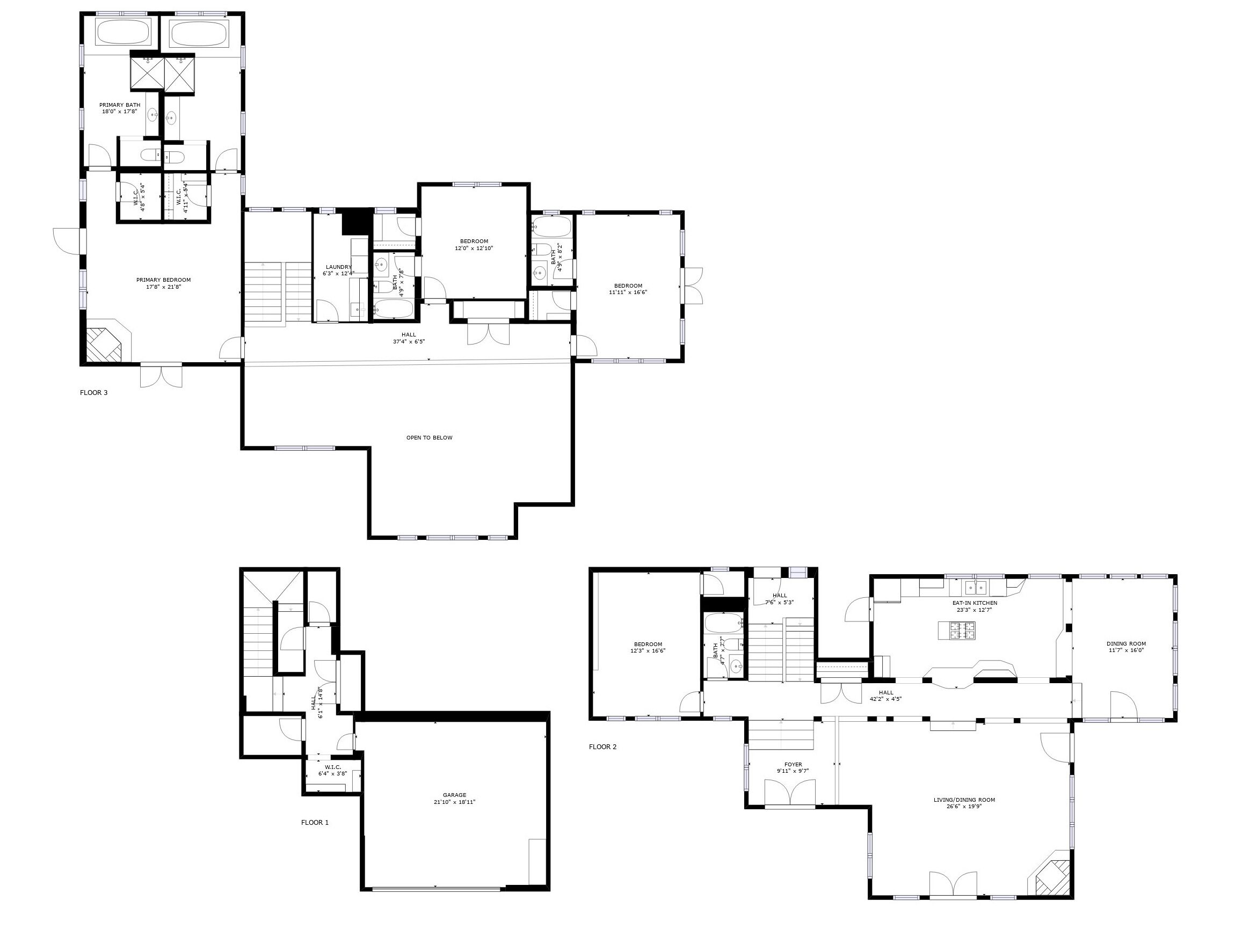 A multi-floor building layout with various rooms including bedrooms, bathrooms, a garage, and a dining area.