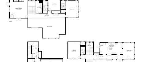 A multi-floor building layout with various rooms including bedrooms, bathrooms, a garage, and a dining area.