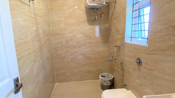 Shower, towels, soap, shampoo