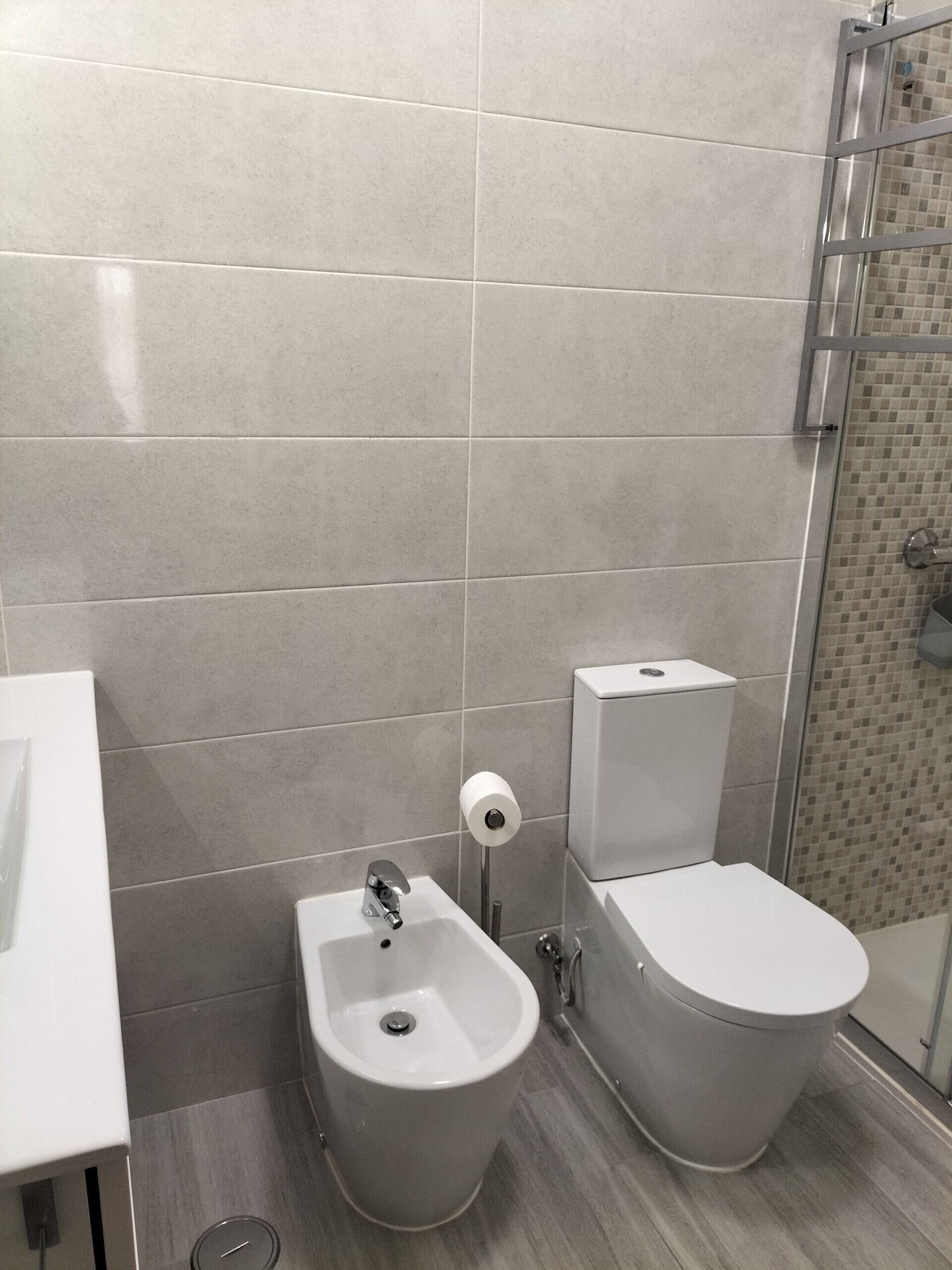 Een moderne badkamer met een hygiënezitje, toilet en douchehoek.