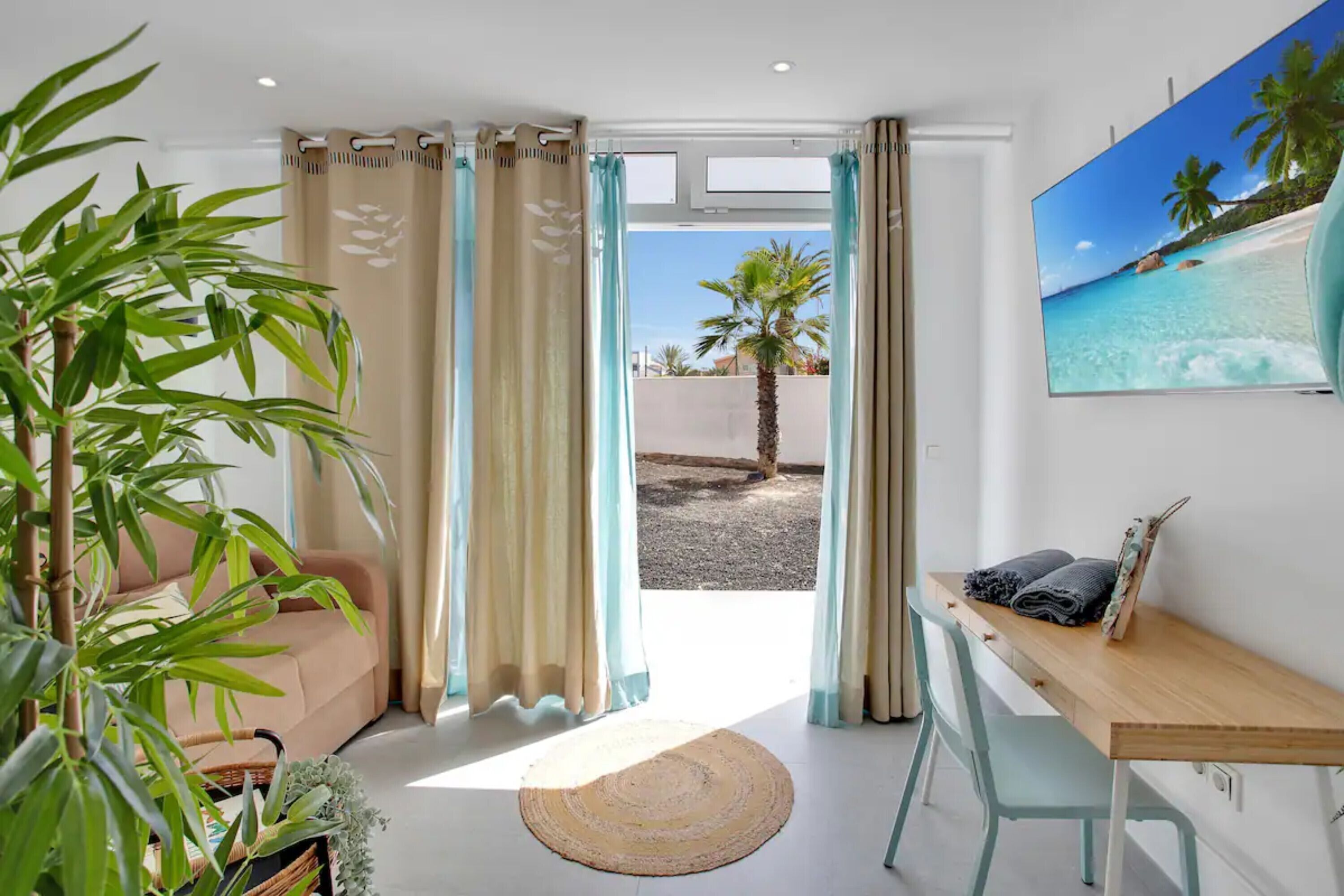 Une pièce comprenant un canapé, un bureau, une chaise, une plante et donnant sur une plage.